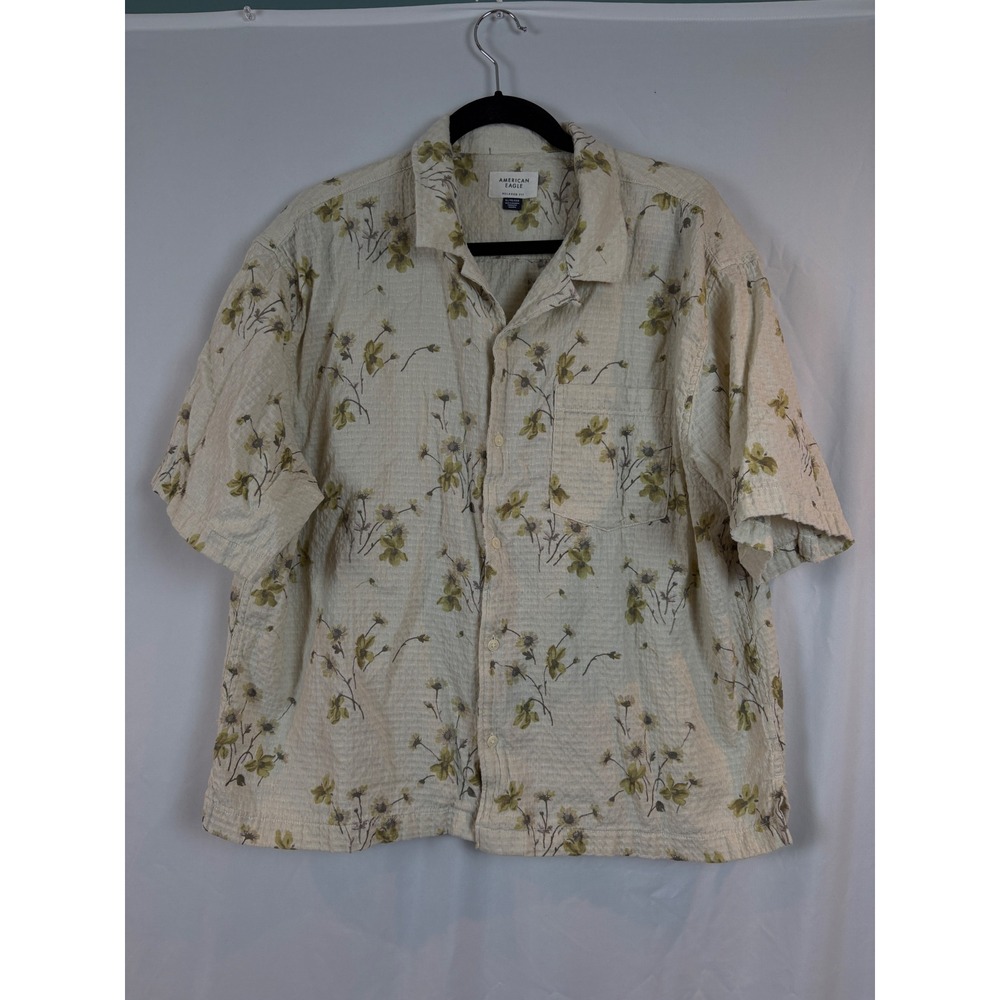 American Eagle Relaxed Fit Seersucker Floral Short Sleeve Button Up Shirt XL